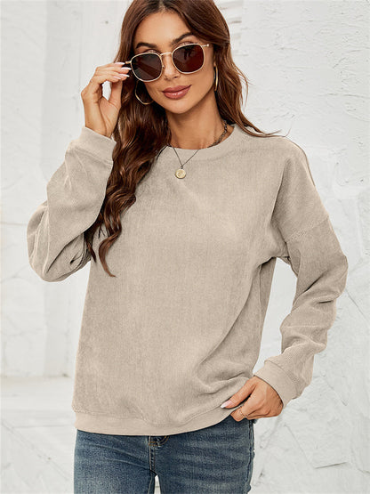 Women's Corduroy Sweater Round Neck Long-sleeved Tops Fall and Winter