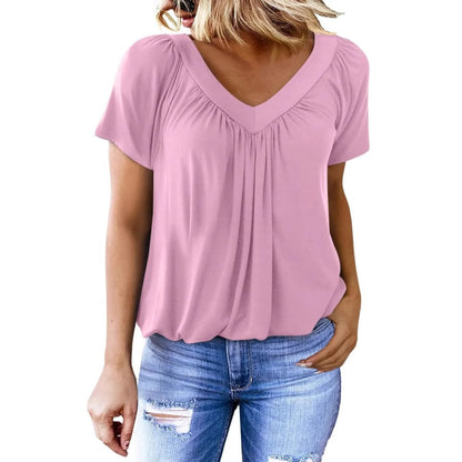 Casual Women's Top with Pleated V-Neck and Short Sleeves