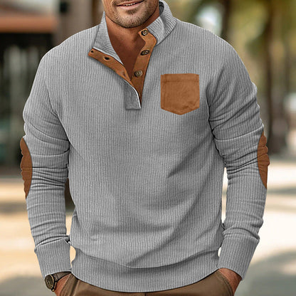 Men's pocket stand collar long sleeve corduroy colorblock sweatshirt