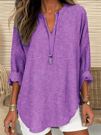 Women's Long Sleeve v-Neck Solid Color Loose Striped Shirt