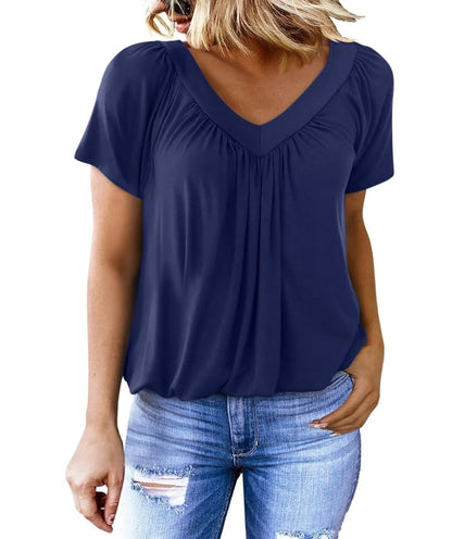 Casual Women's Top with Pleated V-Neck and Short Sleeves