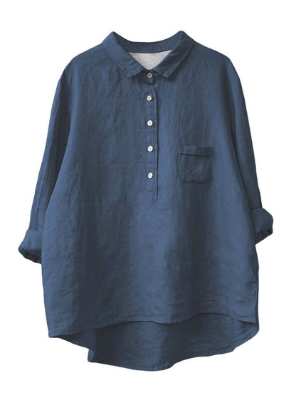 Women's New Long-sleeved Chinese Style Bamboo Hemp Printing Fashionable Versatile Lapel Solid Color Shirt