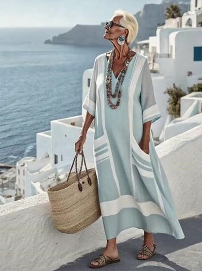 Women'S V-Neck Half Sleeve Striped Printed Cotton And Linen Dress