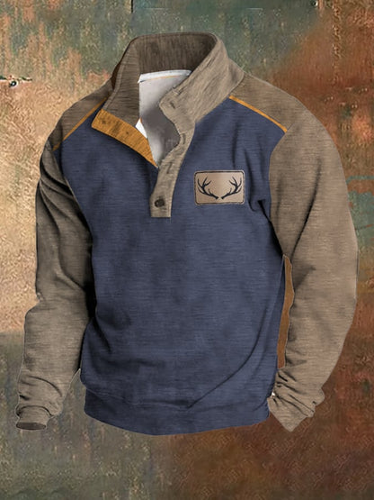 Men's Fleece Vintage Western Antler Hunting Enthusiast Stand Collar Sweatshirt