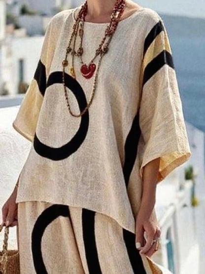 Women'S Loose Printed Wide Leg Pants Set